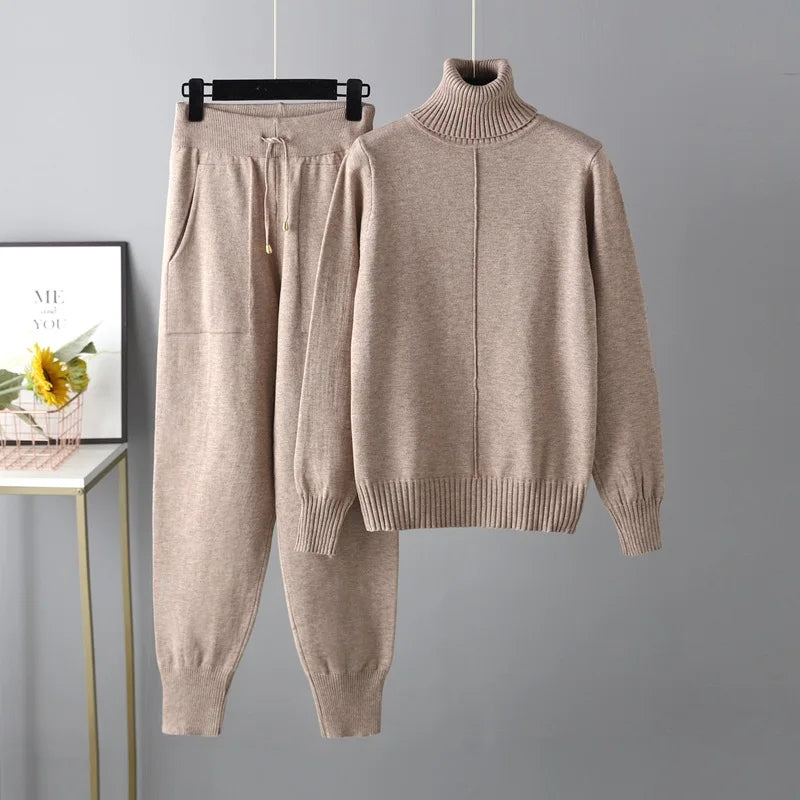 New Pieces Set Women Knitted Tracksuit Turtleneck Sweater