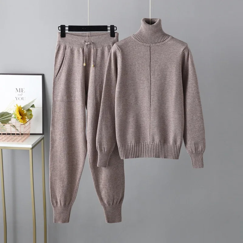 New Pieces Set Women Knitted Tracksuit Turtleneck Sweater