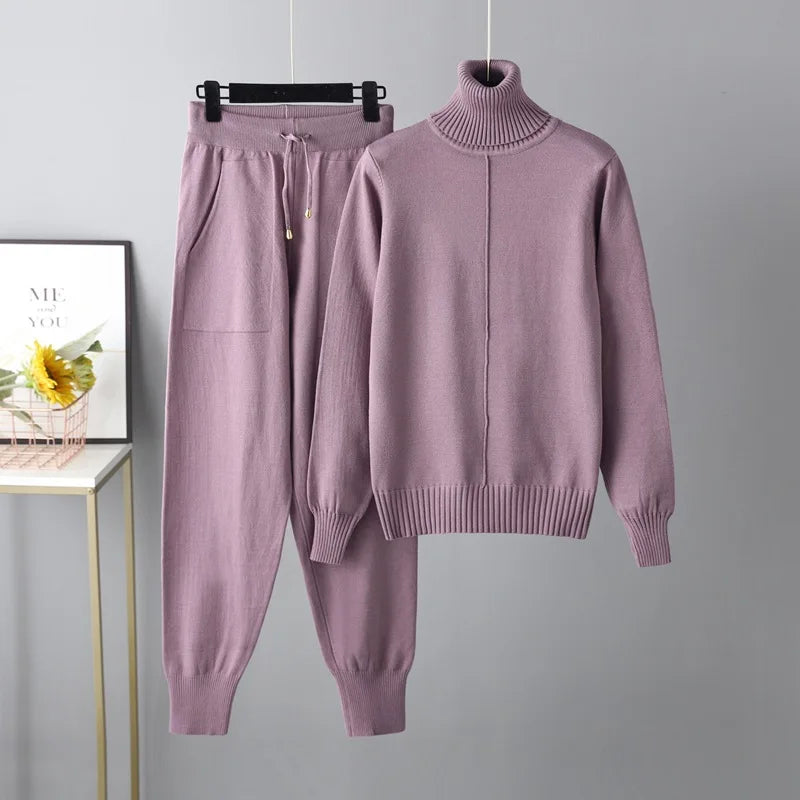New Pieces Set Women Knitted Tracksuit Turtleneck Sweater