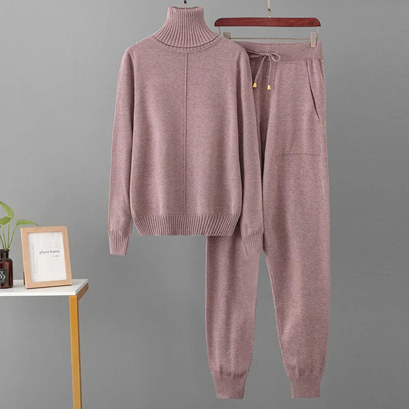 New Pieces Set Women Knitted Tracksuit Turtleneck Sweater