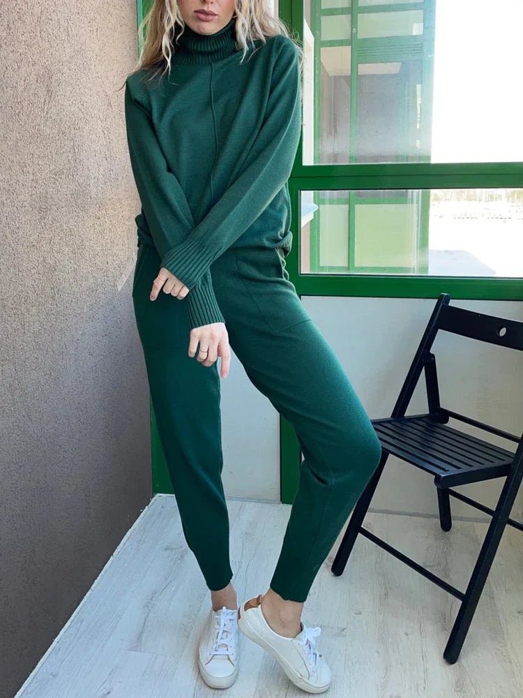 New Pieces Set Women Knitted Tracksuit Turtleneck Sweater