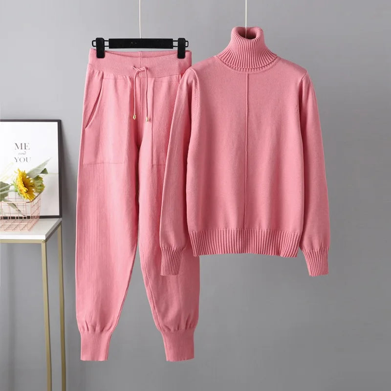 New Pieces Set Women Knitted Tracksuit Turtleneck Sweater