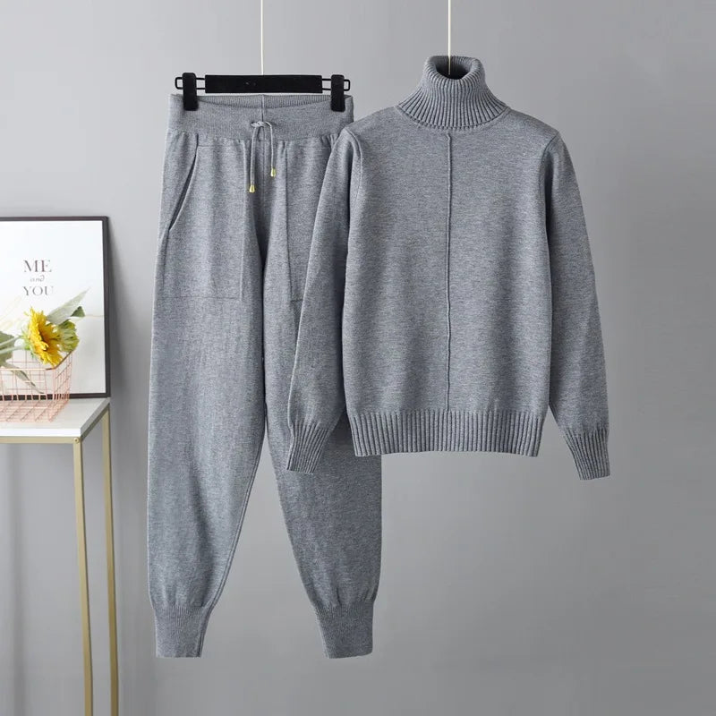 New Pieces Set Women Knitted Tracksuit Turtleneck Sweater