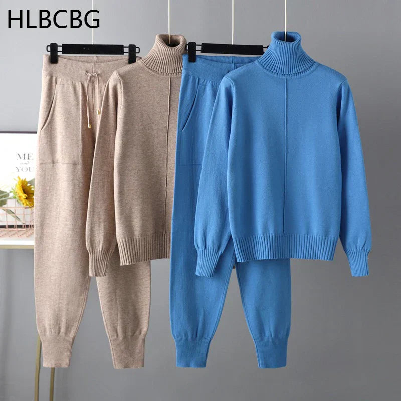New Pieces Set Women Knitted Tracksuit Turtleneck Sweater