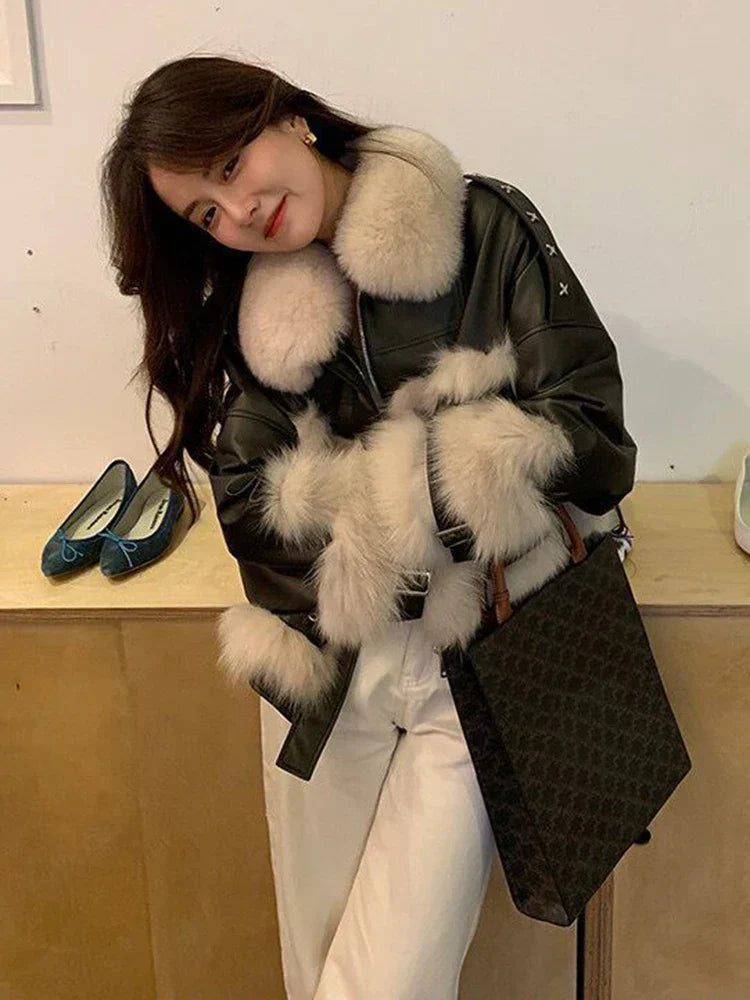 New Winter Lamb Fur Sheepskin Patchwork Coat Faux