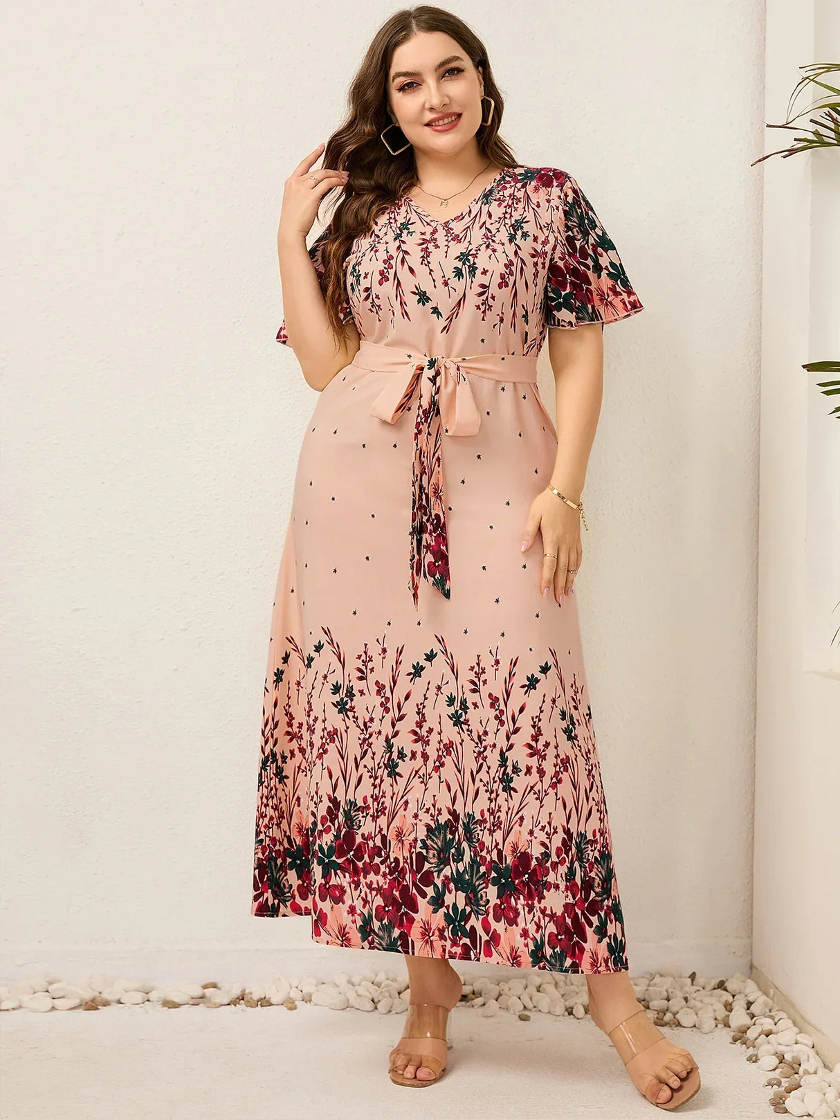 Women Summer Long Dress V Neck Short Sleeve