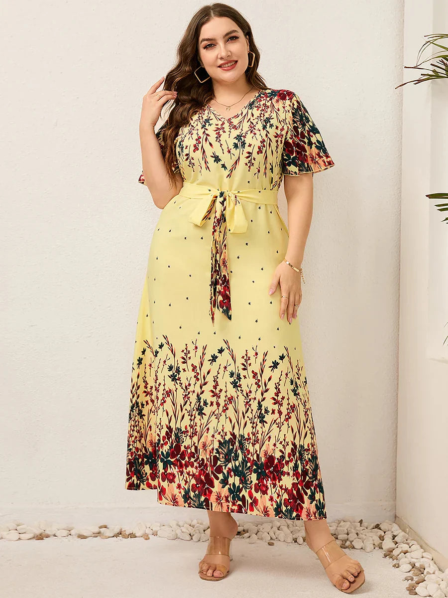 Women Summer Long Dress V Neck Short Sleeve