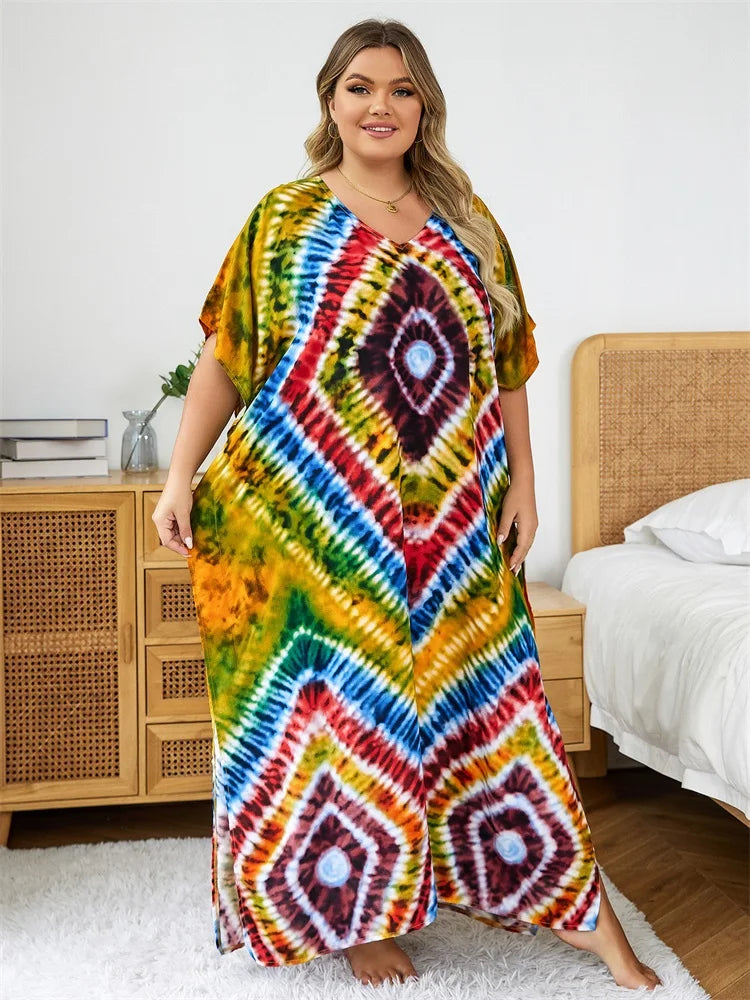 Bohemian Multicolor V Neck Loose Kaftan Dress For
