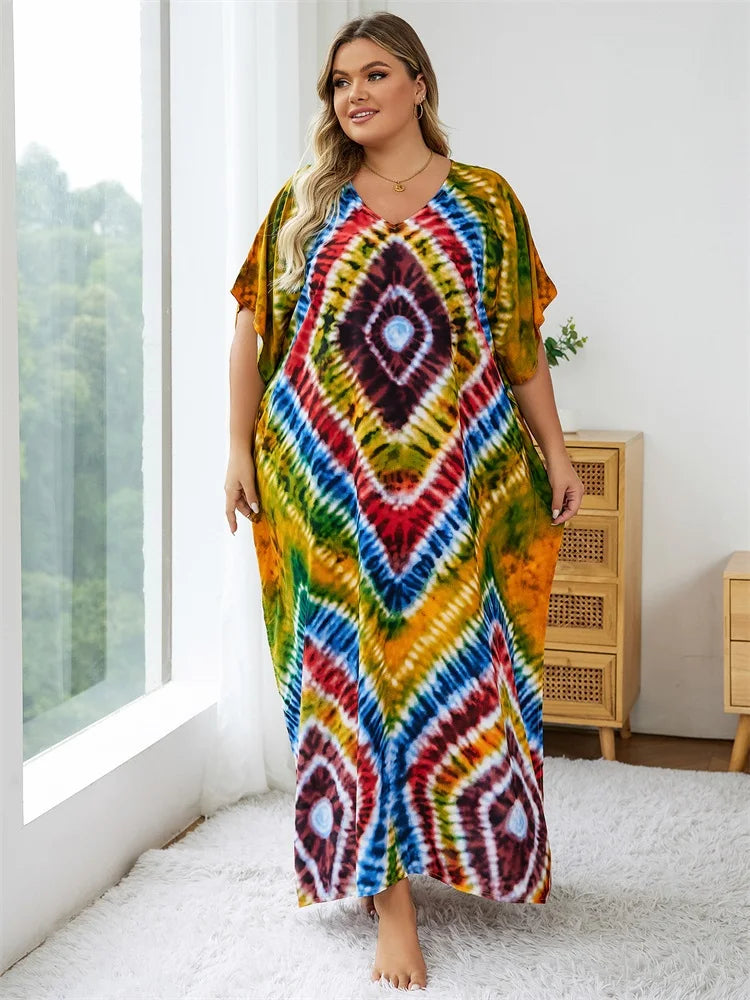 Bohemian Multicolor V Neck Loose Kaftan Dress For