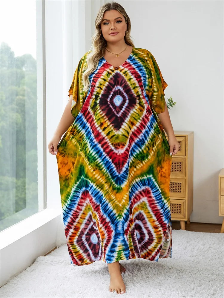 Bohemian Multicolor V Neck Loose Kaftan Dress For