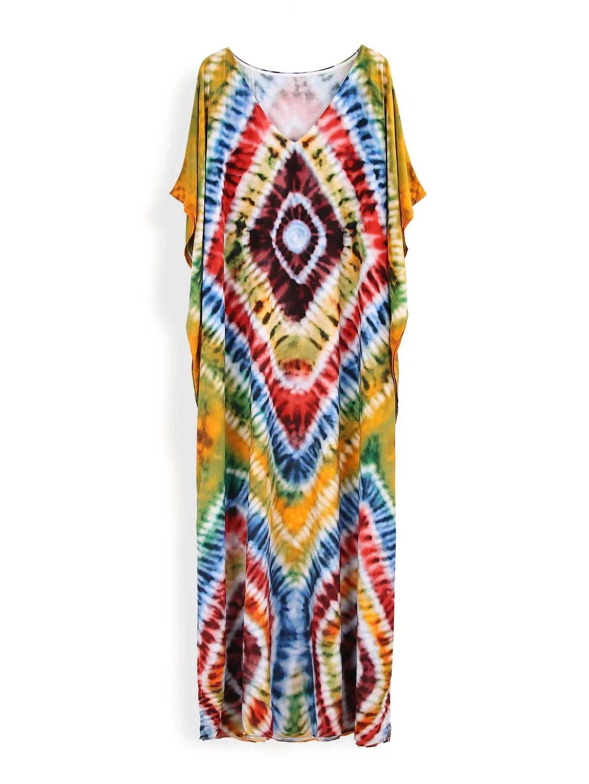Bohemian Multicolor V Neck Loose Kaftan Dress For