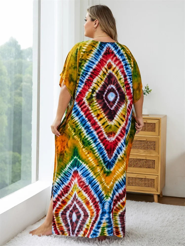 Bohemian Multicolor V Neck Loose Kaftan Dress For