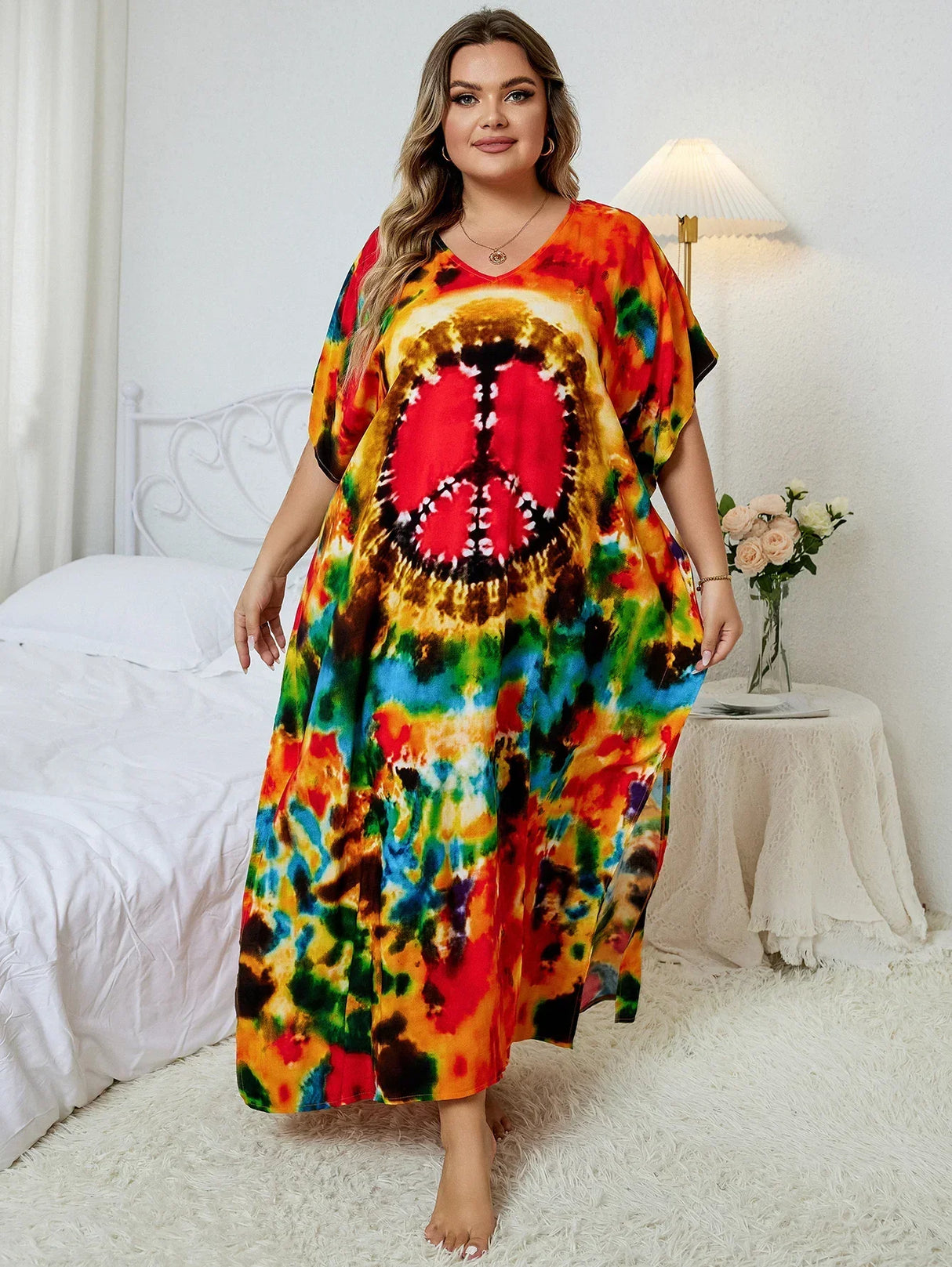 Bohemian Multicolor V Neck Loose Kaftan Dress For