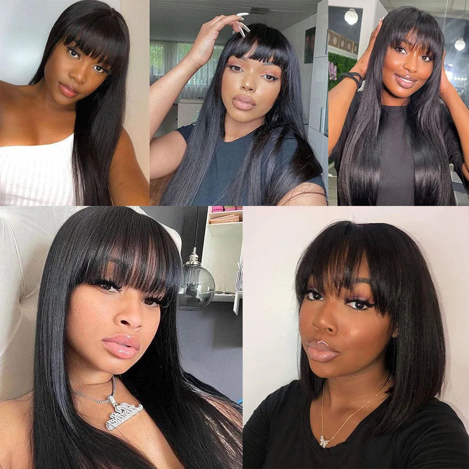 Straight Human Hair Wigs With Bangs Full Machine