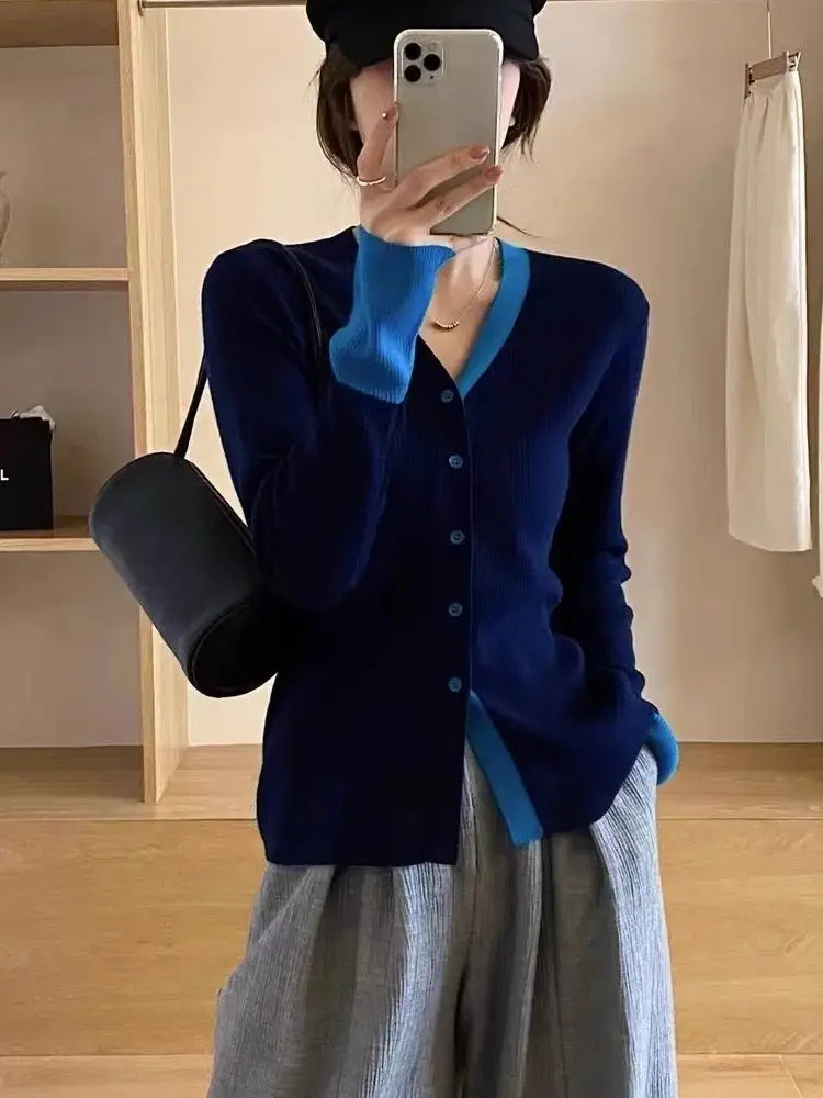 Autumn Knit Cardigan Girls Patchwork Long Sleeve Sweater