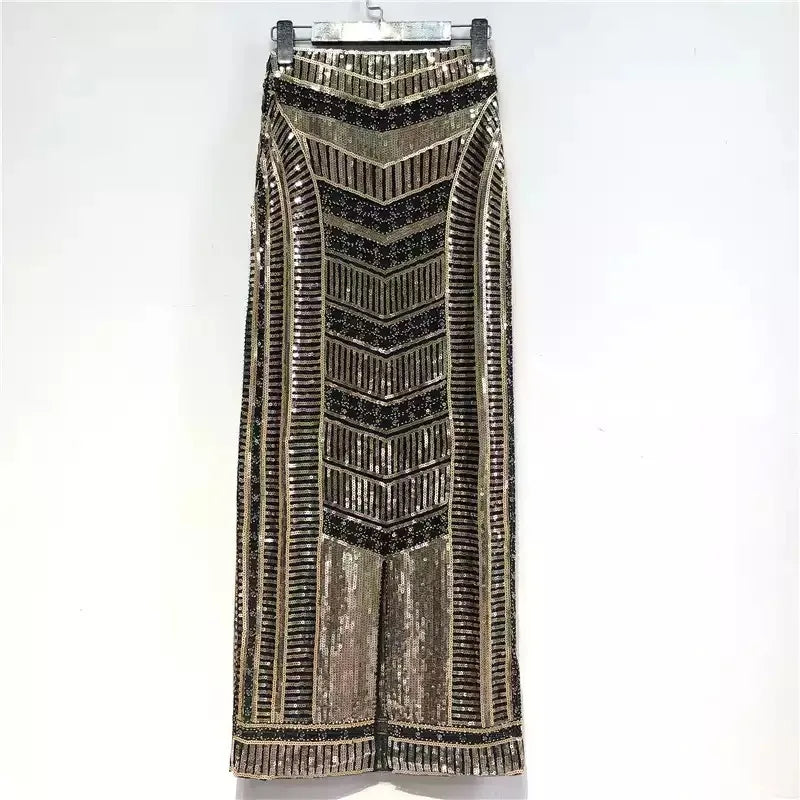 Autumn Retro Sequined X Long Skirt Vintage Beading