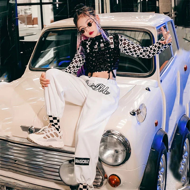 Black Sequins Vest White Pants For Girls Jazz