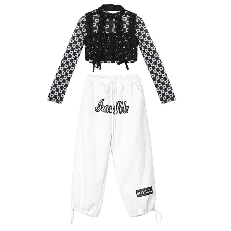Black Sequins Vest White Pants For Girls Jazz