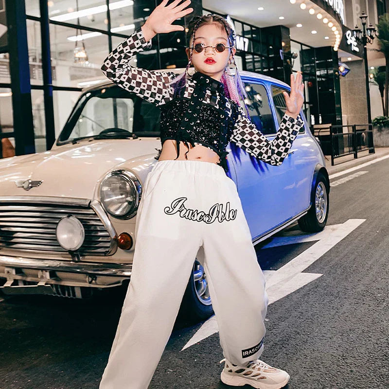 Black Sequins Vest White Pants For Girls Jazz