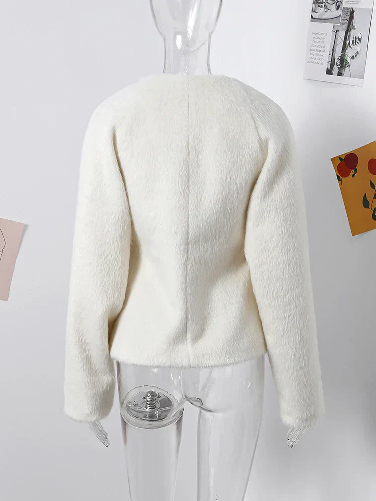 Chic Double Leather Button Women Jacket Long-Sleeved V-Neck