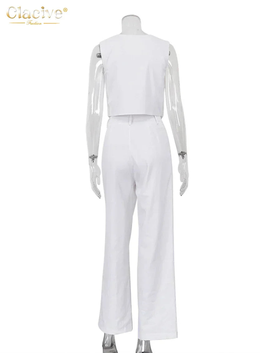 Clacive Summer White Linen Two Piece Set For