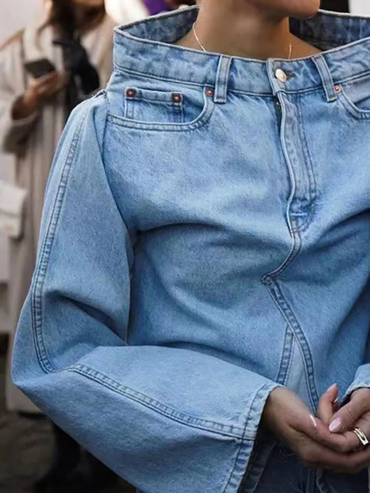 Deat Women' Denim Loose Coat Long Flare Sleeve