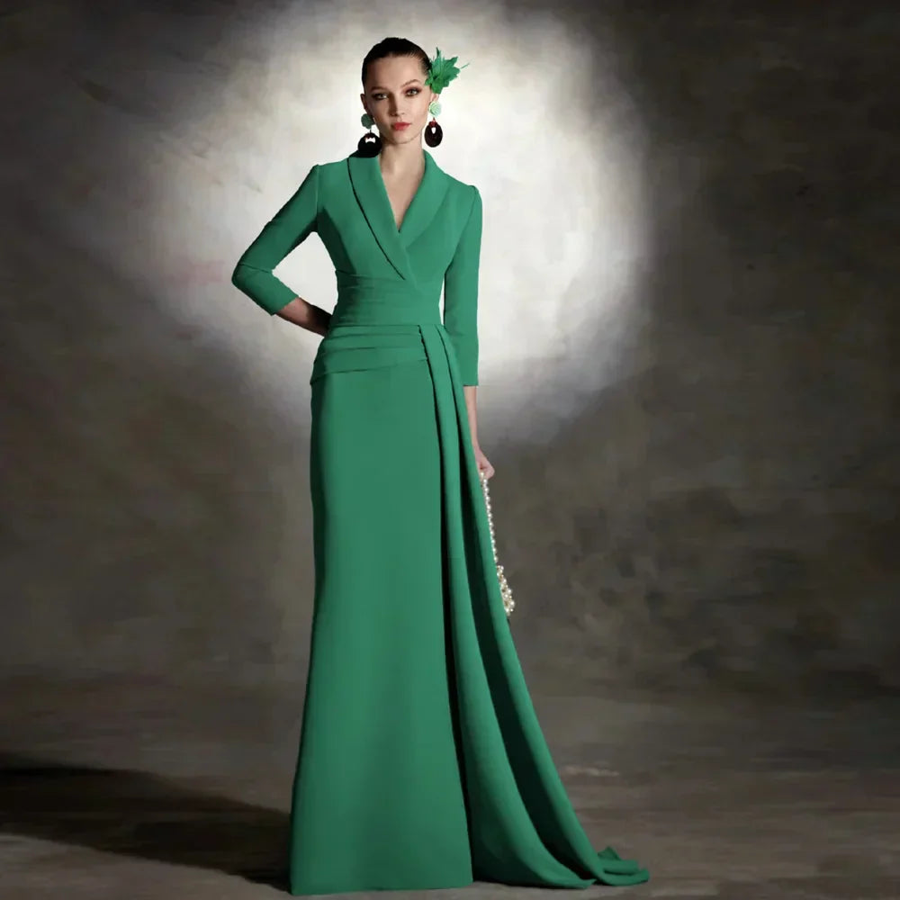 V-Neck, 3/4 Sleeves, Floor-Length Mermaid Gown, 2024