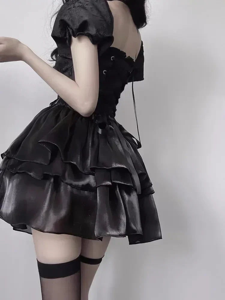 Gothic Black Lolita Mini Dress Women Vintage Sexy