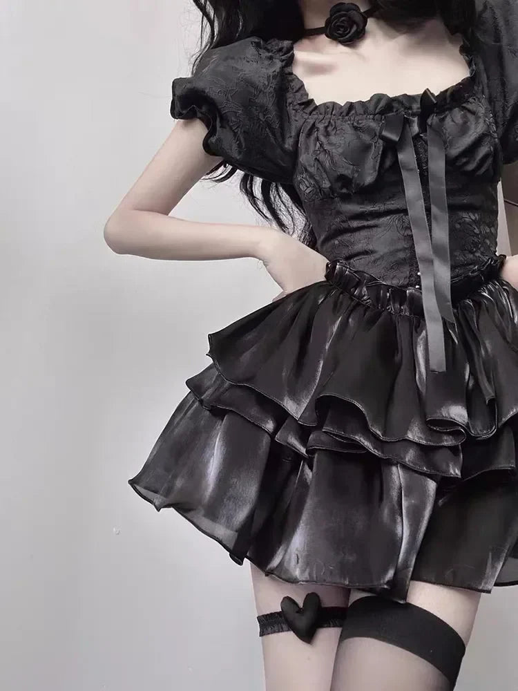 Gothic Black Lolita Mini Dress Women Vintage Sexy