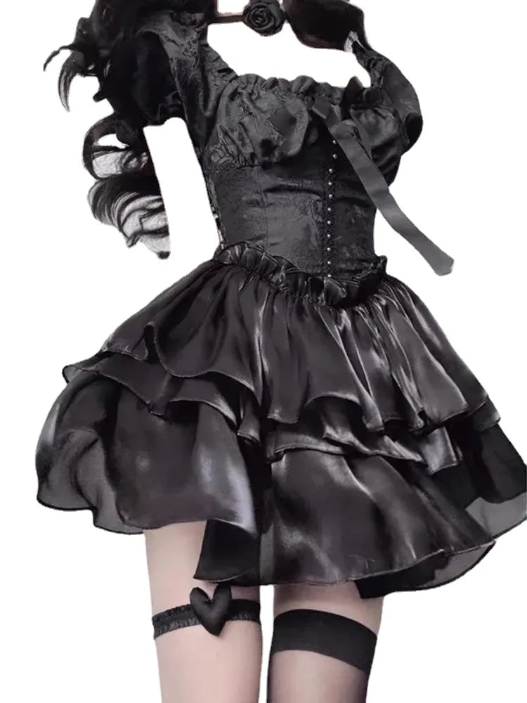 Gothic Black Lolita Mini Dress Women Vintage Sexy
