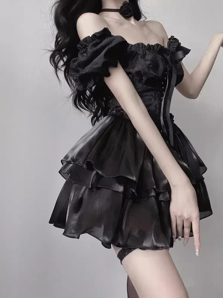 Gothic Black Lolita Mini Dress Women Vintage Sexy