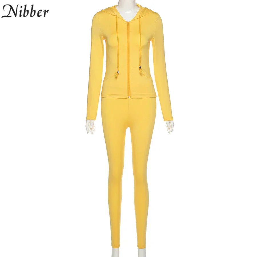 Nibber Sporty Casual Long Sleeve Hooded Zipper Solid