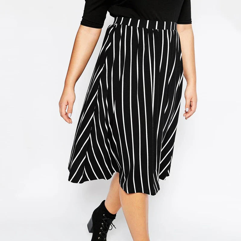 Plus High Elastic Waist Casual Striped Skirt Black