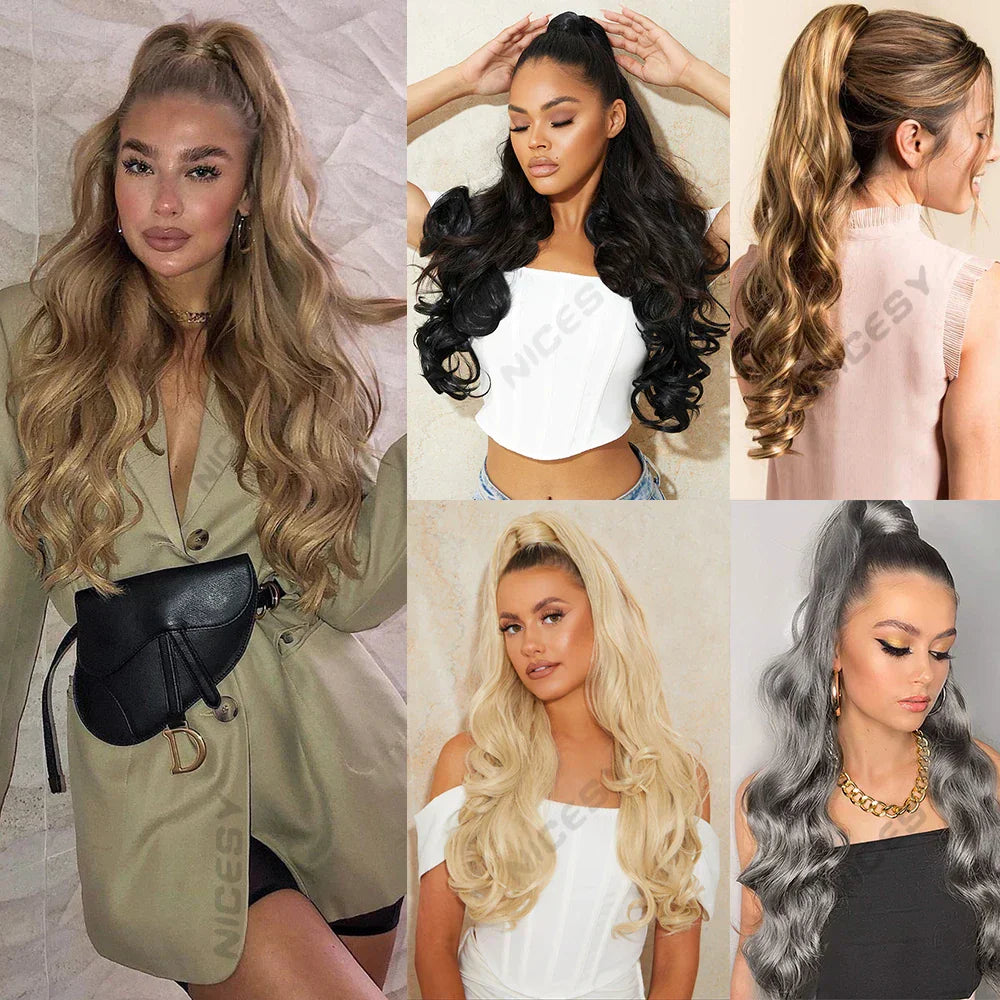 Synthetic Long Wavy Claw Clip On Ponytail Drawstring