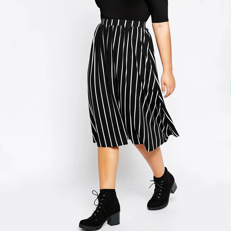 Plus High Elastic Waist Casual Striped Skirt Black