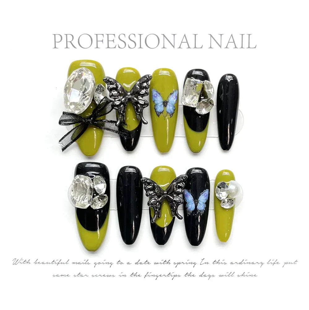 Handmade D Green Fairy Almond Press On Nails