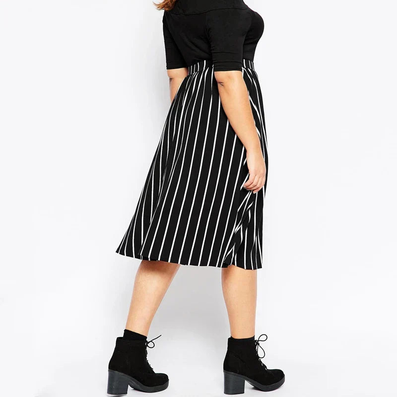 Plus High Elastic Waist Casual Striped Skirt Black