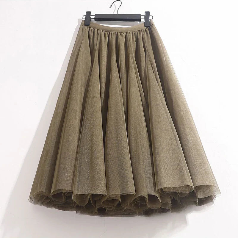 High Waist Solid Midi Pleated Tulle Skirt A-Line