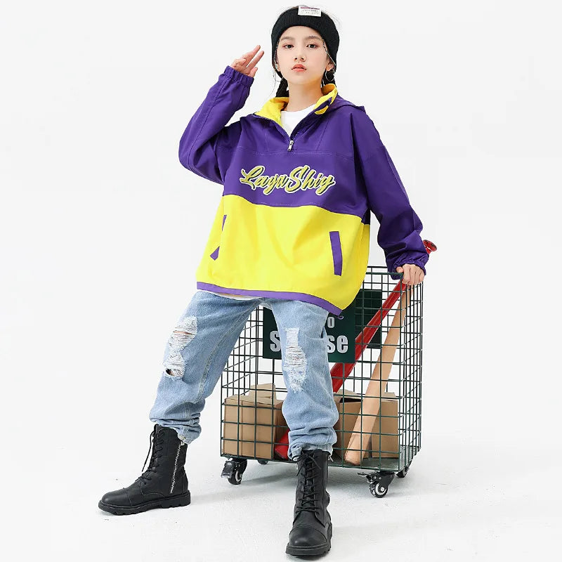 Hip-Hop Streetwear Girls Jazz Dance Outfit Purple Yellow