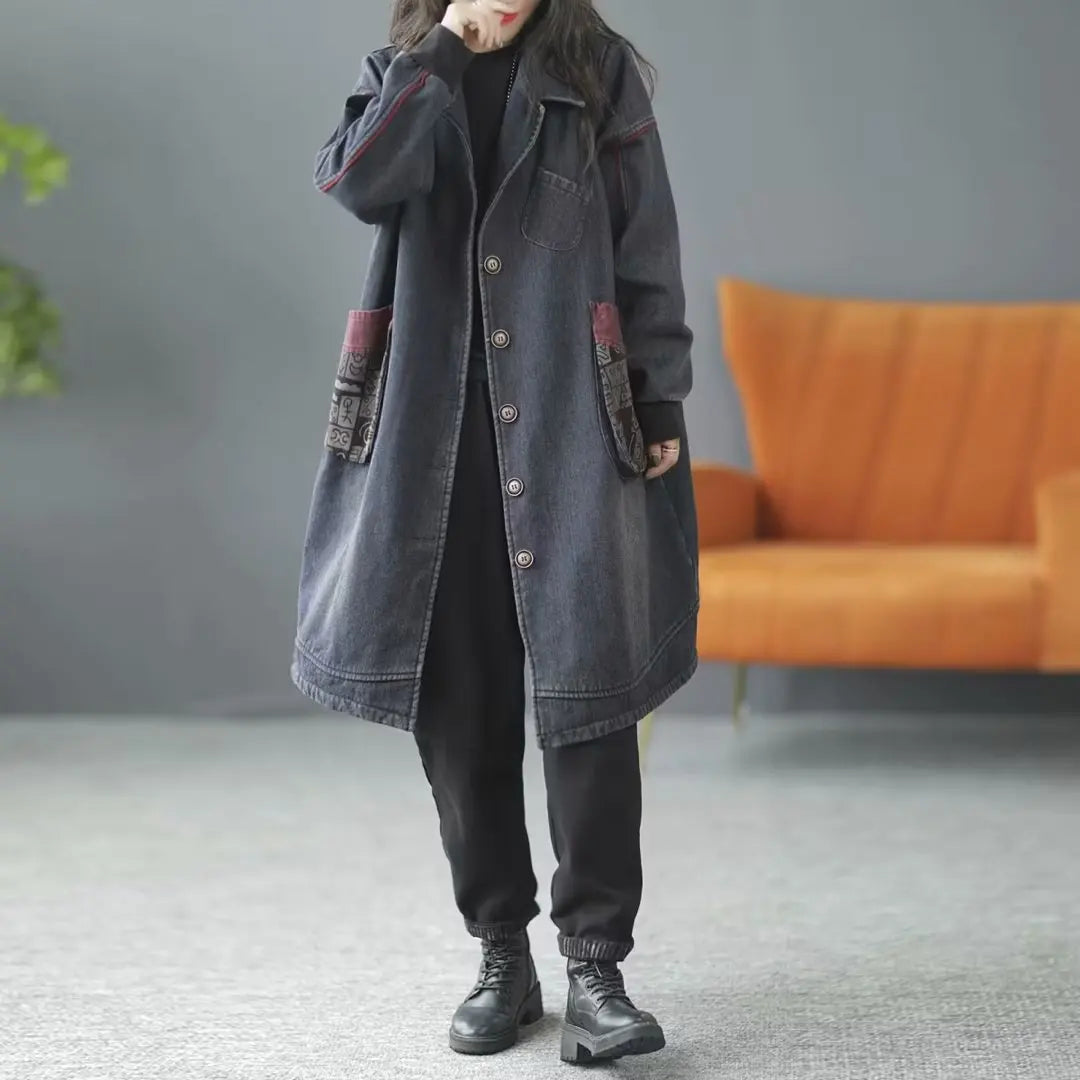 Lady Denim Coat Winter Autumn Pockets Loose Cardigan