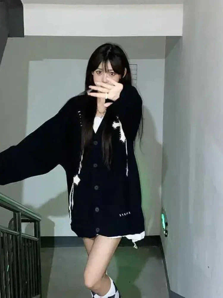 Loose Streetwear Embroidery Cardigan Women Korean Jacquard Oversized