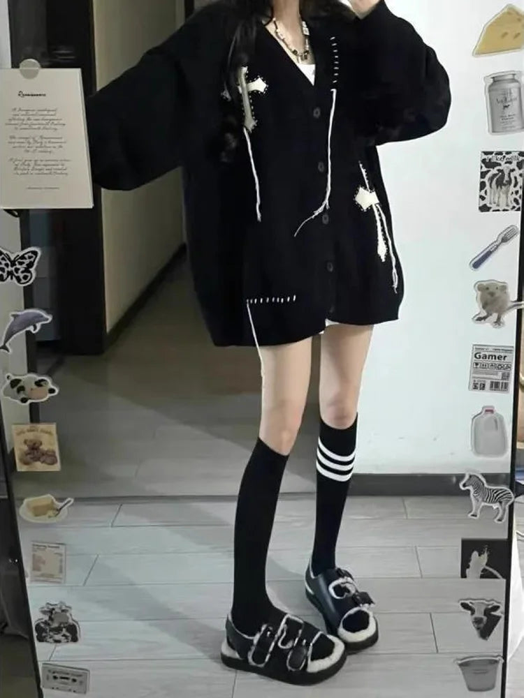 Loose Streetwear Embroidery Cardigan Women Korean Jacquard Oversized