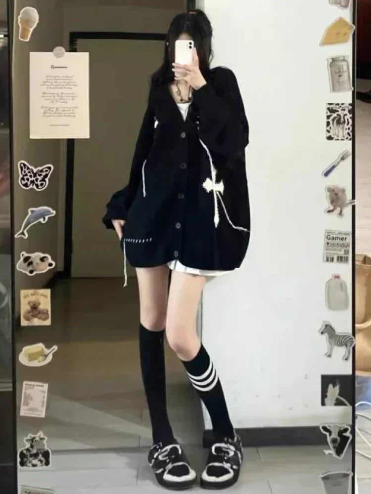 Loose Streetwear Embroidery Cardigan Women Korean Jacquard Oversized