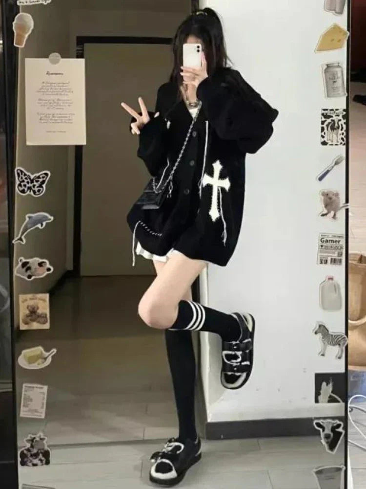 Loose Streetwear Embroidery Cardigan Women Korean Jacquard Oversized