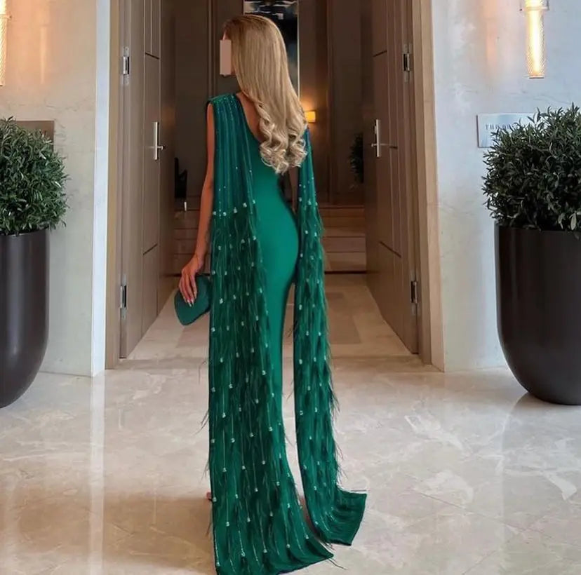 Luxury Mermaid Evening Dresses O-Neck Prom Dresses Feathers