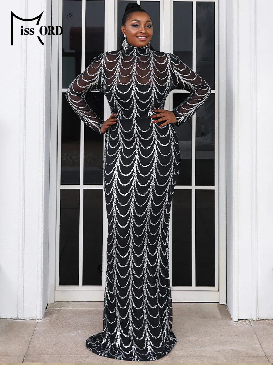 Missord Women Long Sleeve Dresses High Neck Sequins