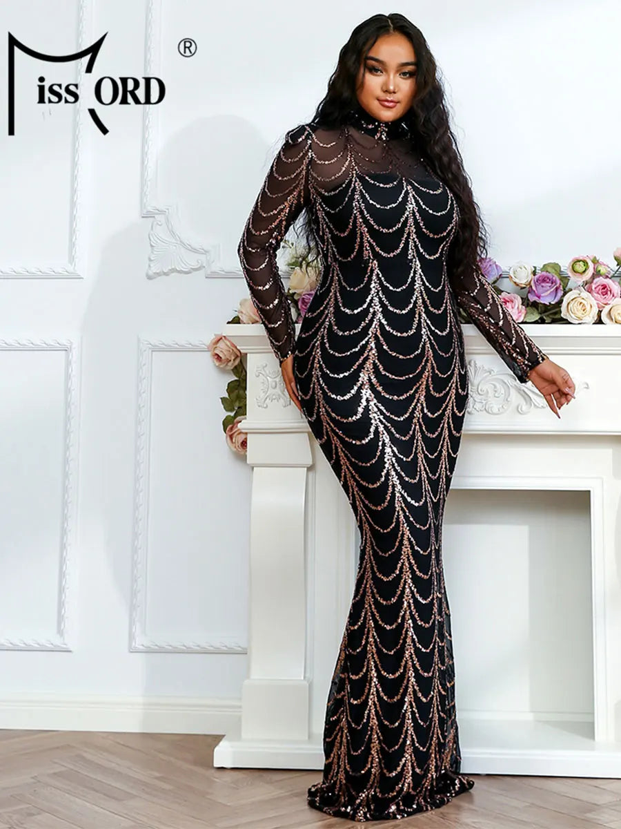 Missord Women Long Sleeve Dresses High Neck Sequins