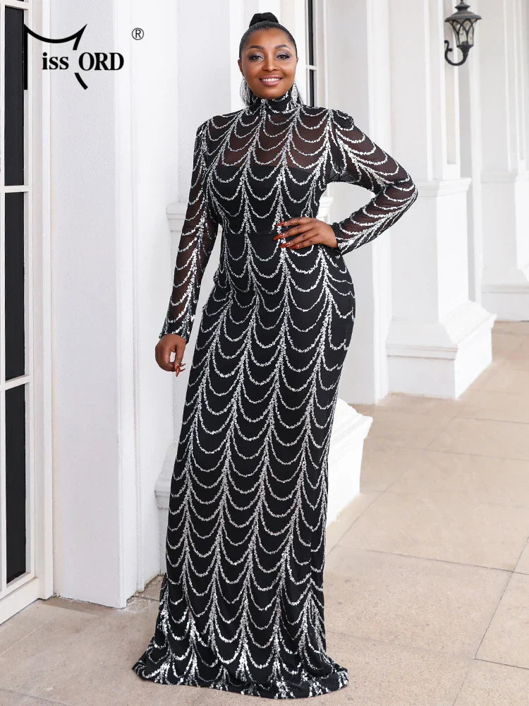Missord Women Long Sleeve Dresses High Neck Sequins