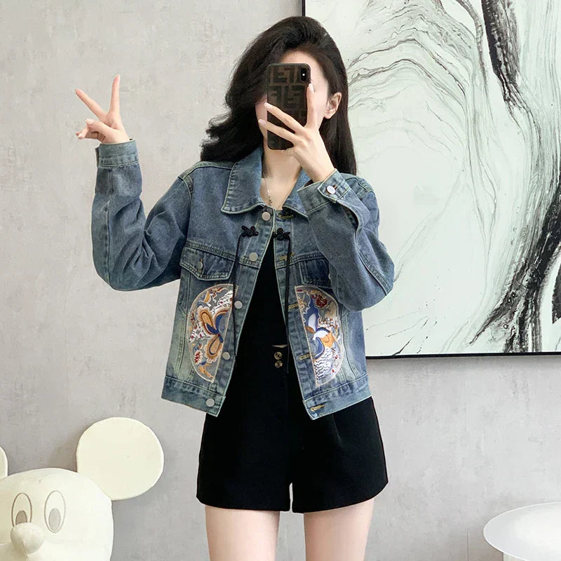 New Spring Denim Jacket Women Chinese Style Long