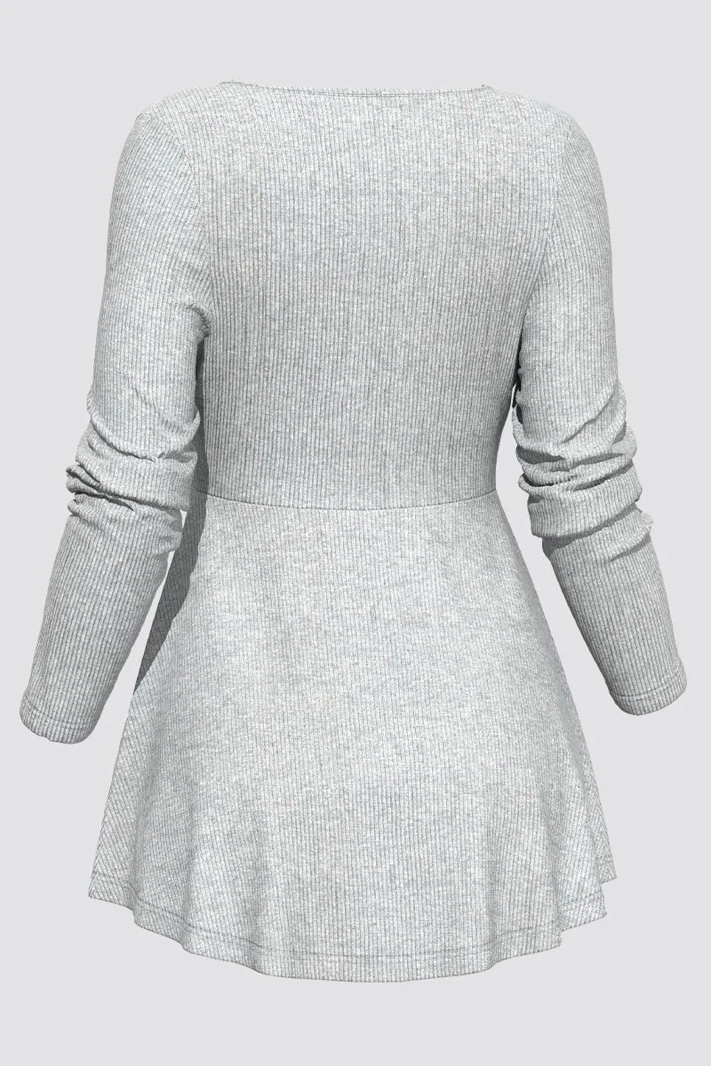 Blouses Women Fashion Grey Rib Knit Drawstring V